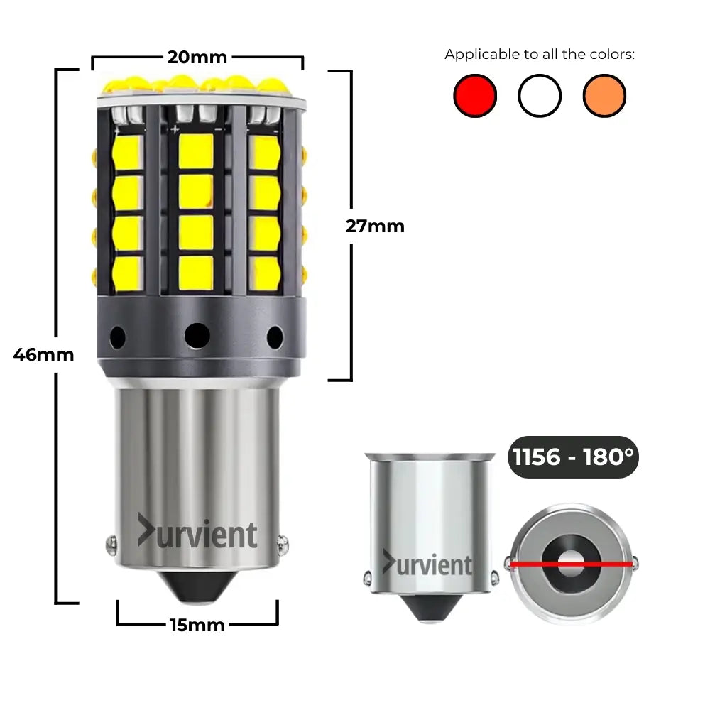 P21W BA15S 180 Degree Straight Pin LED Dimensions: 44mm Length by 20mm Width