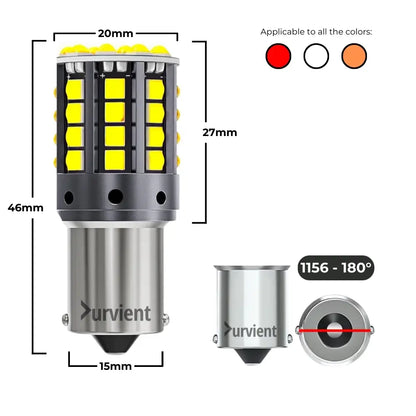 P21W BA15S 180 Degree Straight Pin LED Dimensions: 44mm Length by 20mm Width