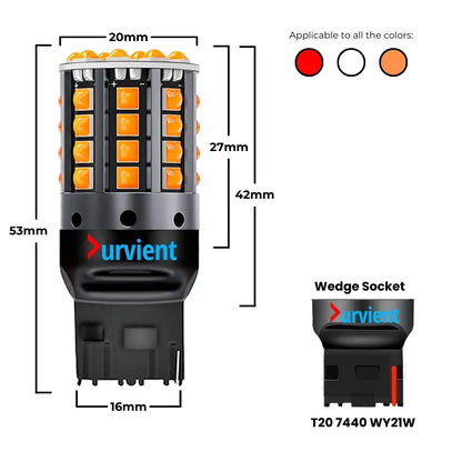 A car LED light bulb product diagram on a white background, showing the bulb with dimension labels (53mm, 27mm, 42mm, 16mm), a small inset of the wedge socket, and a color applicability note with red, white, and orange circles. The bulb is black with orange LED lenses and a blue/red durvient logo.