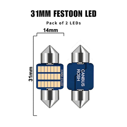 Two 31mm festoon LED car lights shown on a white background with text reading '31MM FESTOON LED', 'Pack of 2 LEDs', '14mm', and '31mm'. The lights are silver with blue ends and a grid of warm yellow LEDs visible on one side.
