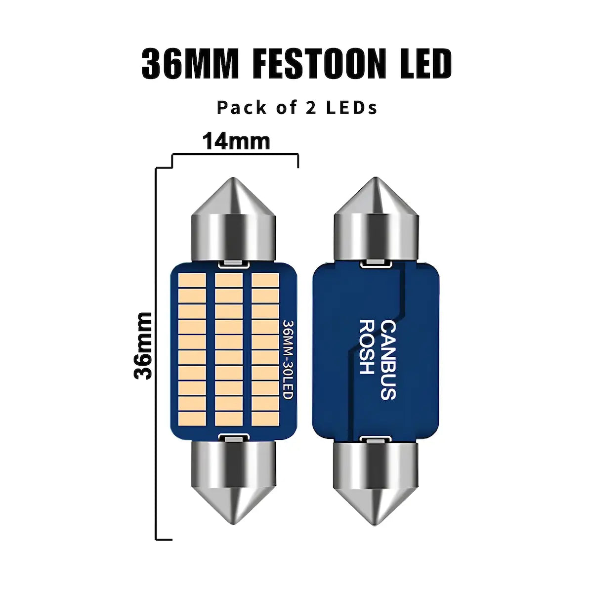 Two 36mm festoon LED bulbs shown on a white background with dimension labels. The bulbs have blue bodies, silver metal ends, and visible LED grids on one side.