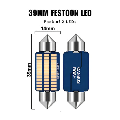 A product diagram showing two views of a 39mm festoon LED light bulb on a white background, with text indicating pack of 2 LEDs, 14mm width, and 39mm height. The bulb has a dark blue body with silver metal ends and a grid of warm yellow LED chips visible on one side.