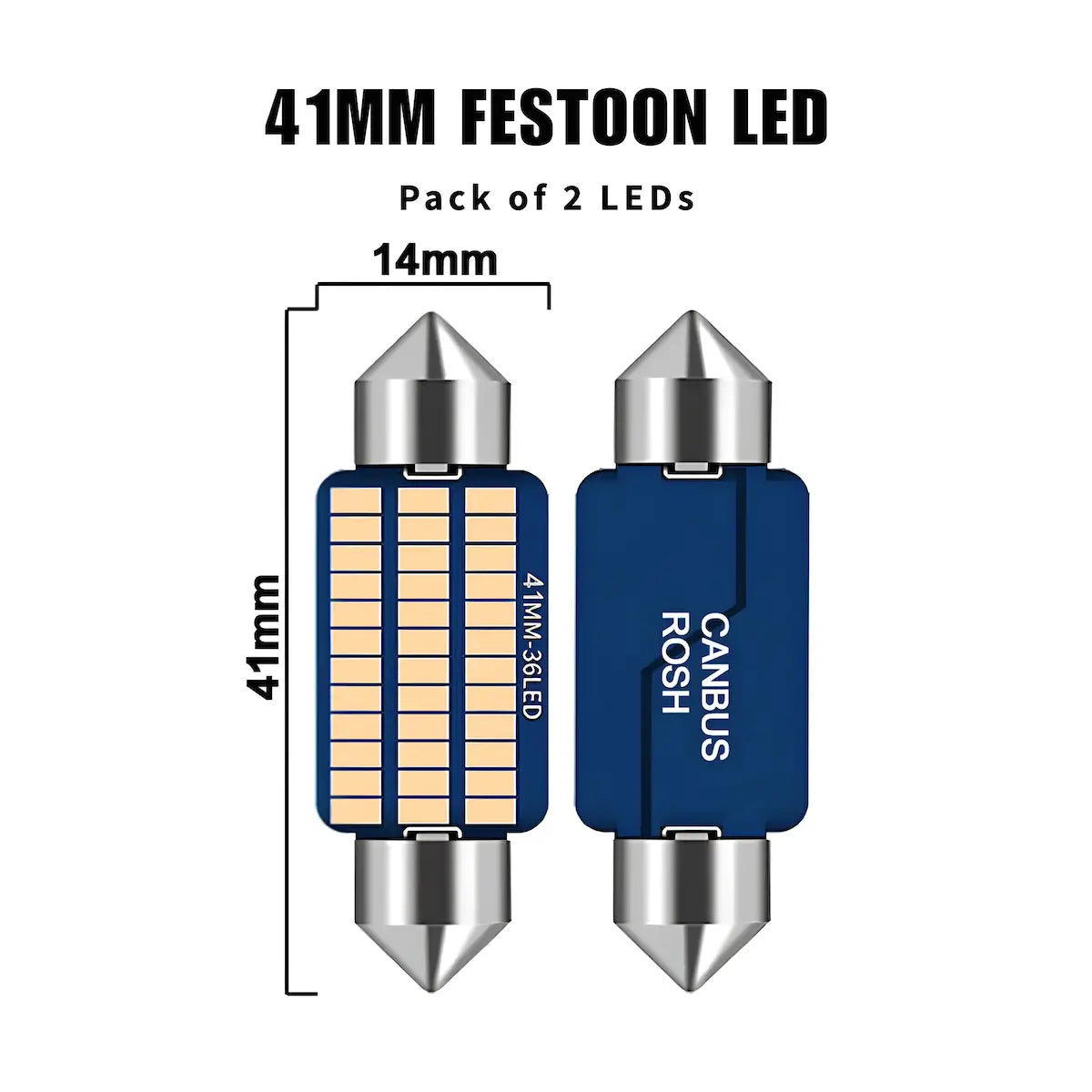 Two blue and silver 41mm festoon LED bulbs shown on a white background with dimension labels indicating 41mm length, 14mm width, and text reading '41MM FESTOON LED' and 'Pack of 2 LEDs'.