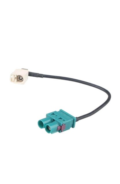 Angled view of Dual to Single Fakra radio antenna conversion cable with secure locking clips