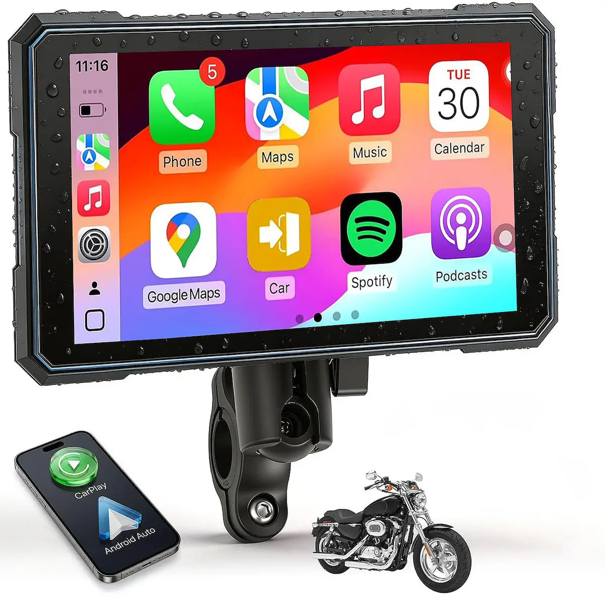 A rugged black motorcycle dashcam with a mounted bracket, shown with a colorful demo screen, a small remote control, and a motorcycle model graphic on a white background.