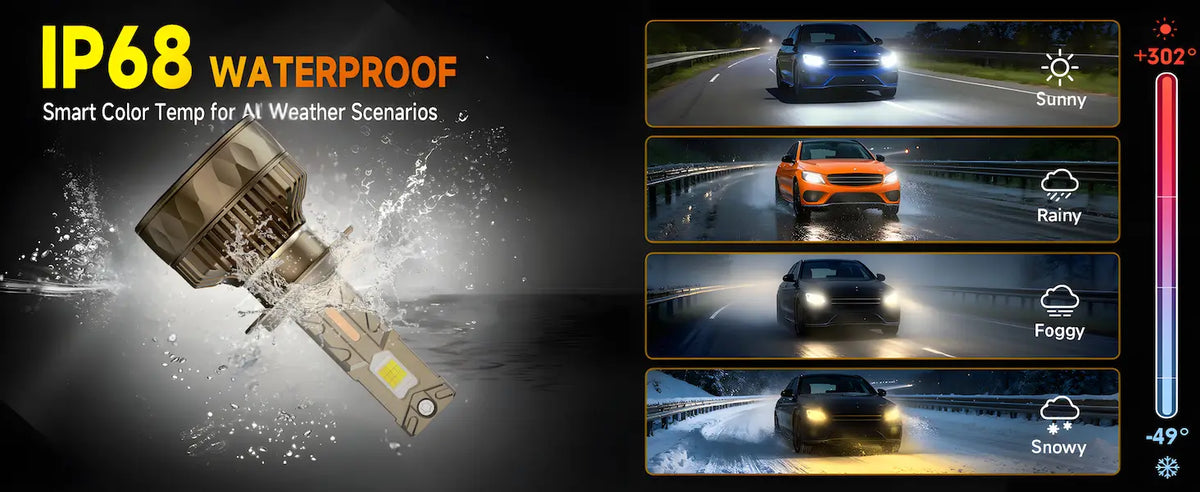 IP68 waterproof LED car headlight bulb with a camouflage-patterned housing, shown alongside four demonstration panels of a car driving at night under sunny, rainy, foggy, and snowy weather conditions.