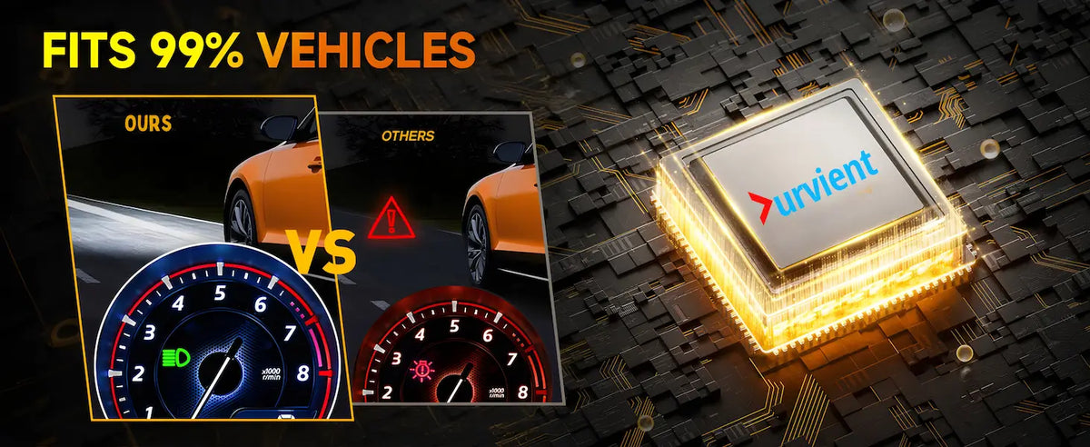 Promotional graphic for a car engine control module or diagnostic component. The right side shows a glowing square chip with the brand name 'Durvient' on a dark circuit-board background.