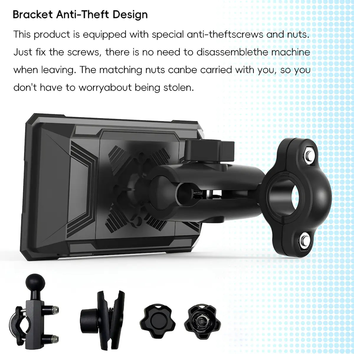 Black bracket anti-theft mount with mounting hardware, shown on a white background with explanatory text and small accessory views at the bottom.