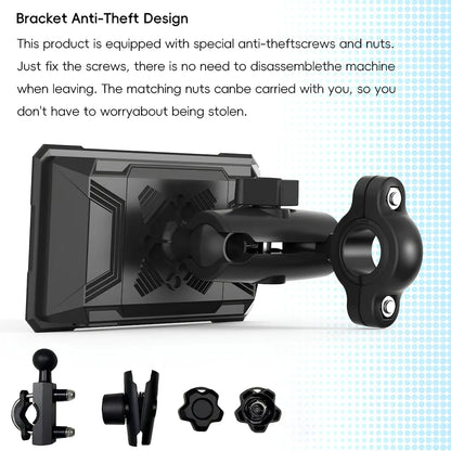Black bracket anti-theft mount with mounting hardware, shown on a white background with explanatory text and small accessory views at the bottom.