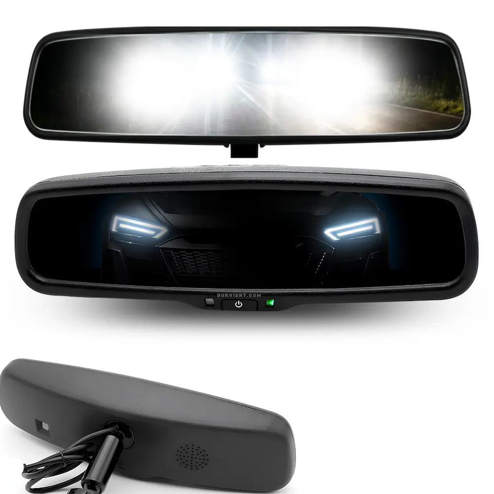 A rearview mirror car radar detector shown from multiple angles on a white background, including the backplate with attached wiring, the front view with illuminated LED-style lights, and the back side of the unit.