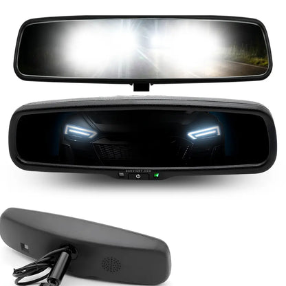 A rearview mirror car radar detector shown from multiple angles on a white background, including the backplate with attached wiring, the front view with illuminated LED-style lights, and the back side of the unit.