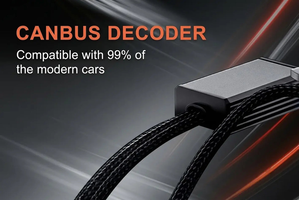 CANBUS decoder cable connector with braided black cable on a dark gray background with orange and white text reading 'CANBUS DECODER' and 'Compatible with 99% of the modern cars'.