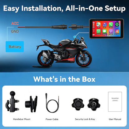 Promotional graphic for a motorcycle dashboard screen installation kit. The top half shows a black motorcycle with a connected wired tablet display and labeled connection points for ACC and GND, plus a blue battery label.