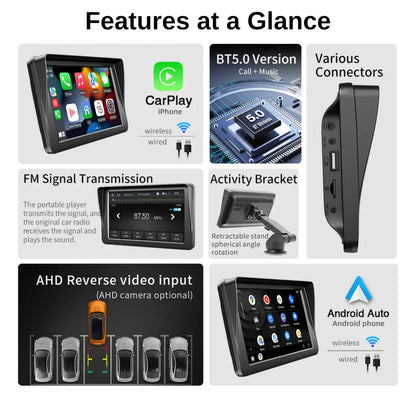 7" Portable Wireless Apple CarPlay & Android Auto Touchscreen Car Display