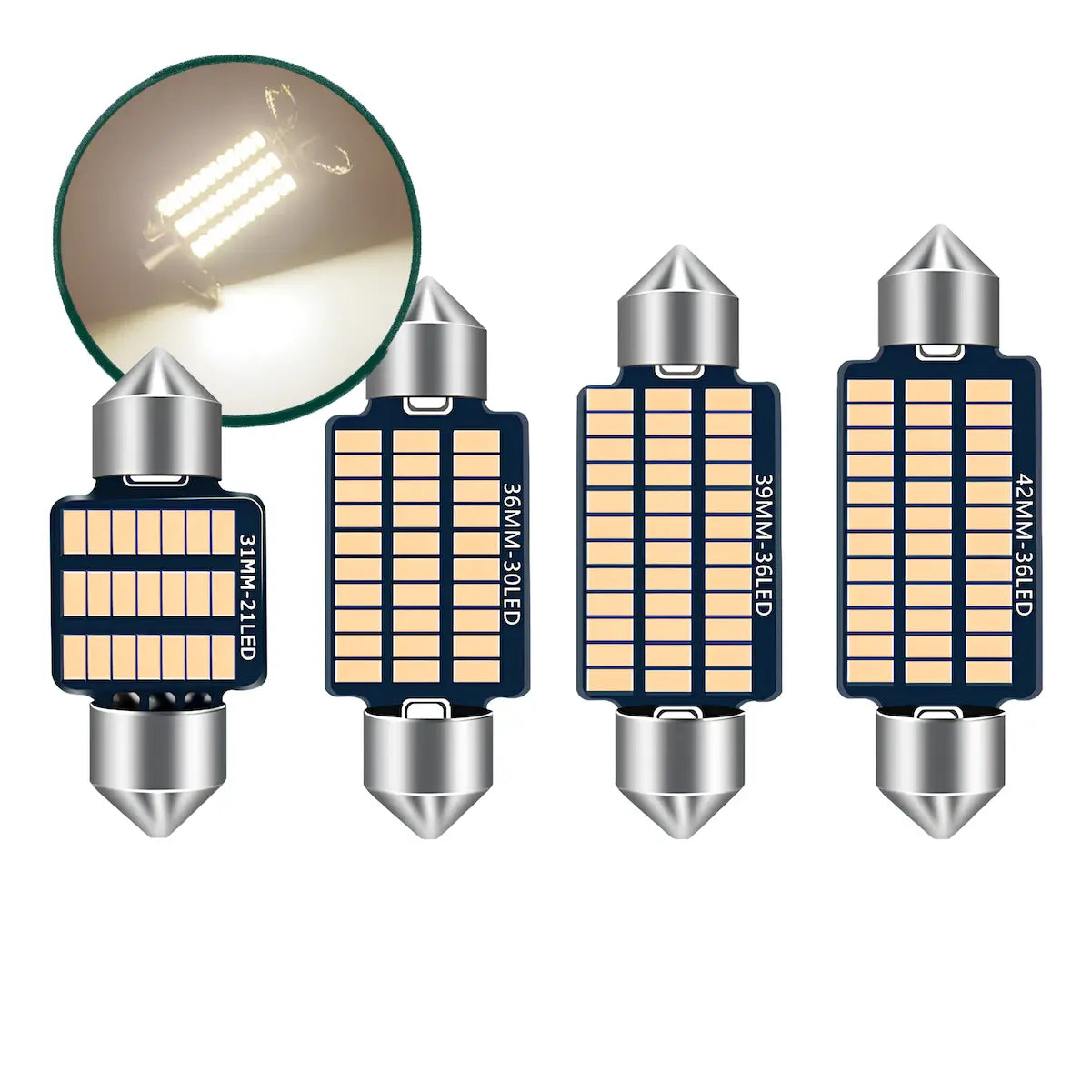 Four LED car window light bulbs shown on a white background, with one bulb featuring a circular inset showing the illuminated warm white light output.