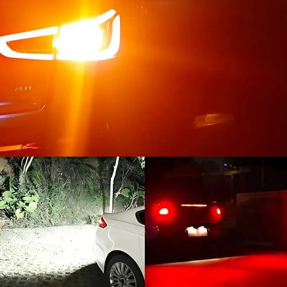 Three-panel collage showing a car light product in use: a bright amber headlight or marker light on the front, a white car at night with the rear lights turned on illuminating a sandy path, and a dark vehicle with red taillights on a night road.
