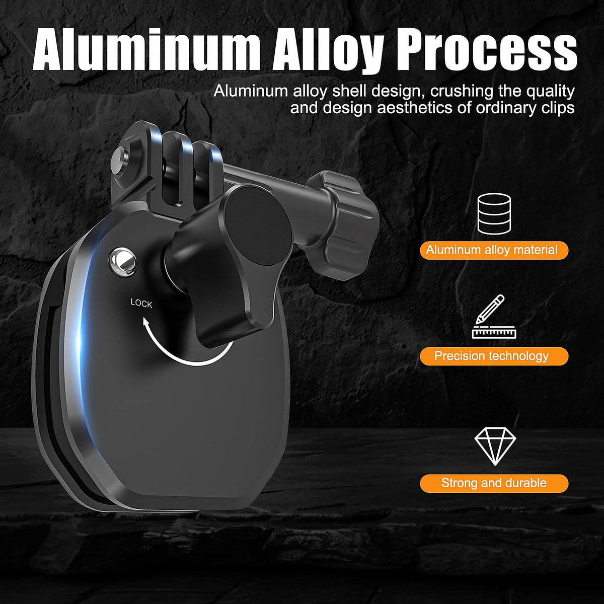 An aluminum go-kart clip or mounting bracket shown on a dark textured background with marketing text and callout icons for aluminum alloy material, precision technology, and strong durability.