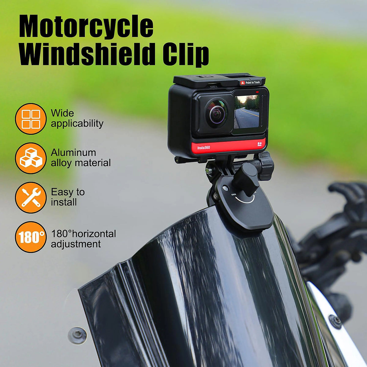 Motorcycle windshield clip with action camera on a motorcycle, featuring text about its features.
