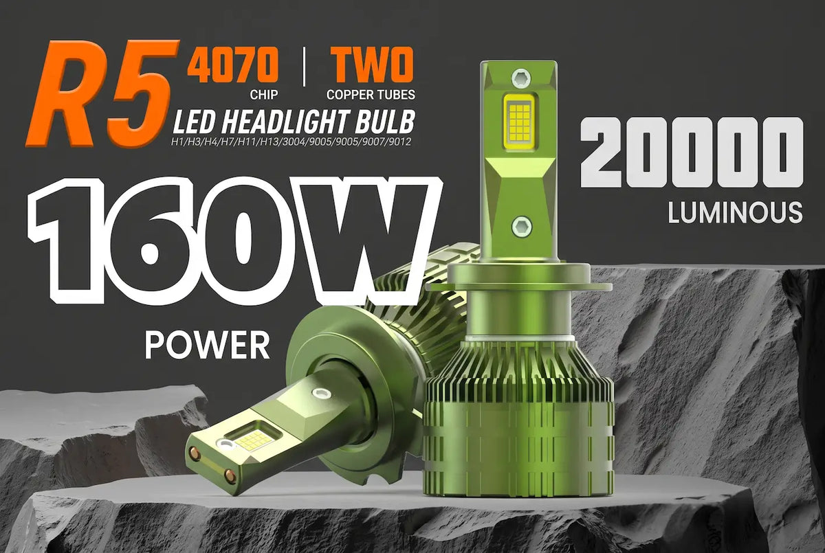 Two green LED headlight bulbs displayed on a dark gray rocky background with large promotional text reading 'R5 4070', 'TWO COPPER TUBES', '160W POWER', and '20000 LUMINOUS'.