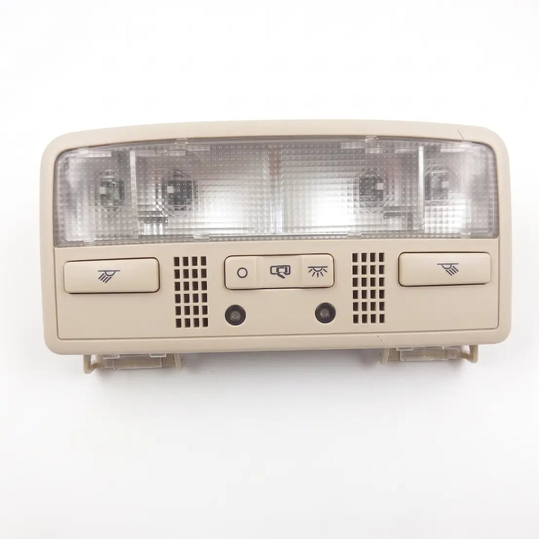 A beige passat w8 car overhead console light switch assembly with a clear textured lens, control buttons, and ventilation grilles, shown against a plain white background. Compatible with volkswagen polo vento ameo skoda rapid