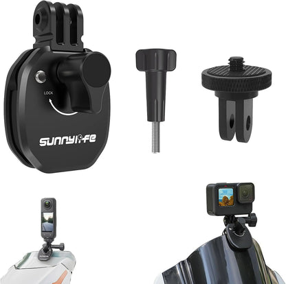 Sunnylife motorcycle windshield camera mount shown with included mounting hardware on a white background, plus two small inset photos demonstrating the mount attached to a motorcycle windshield.