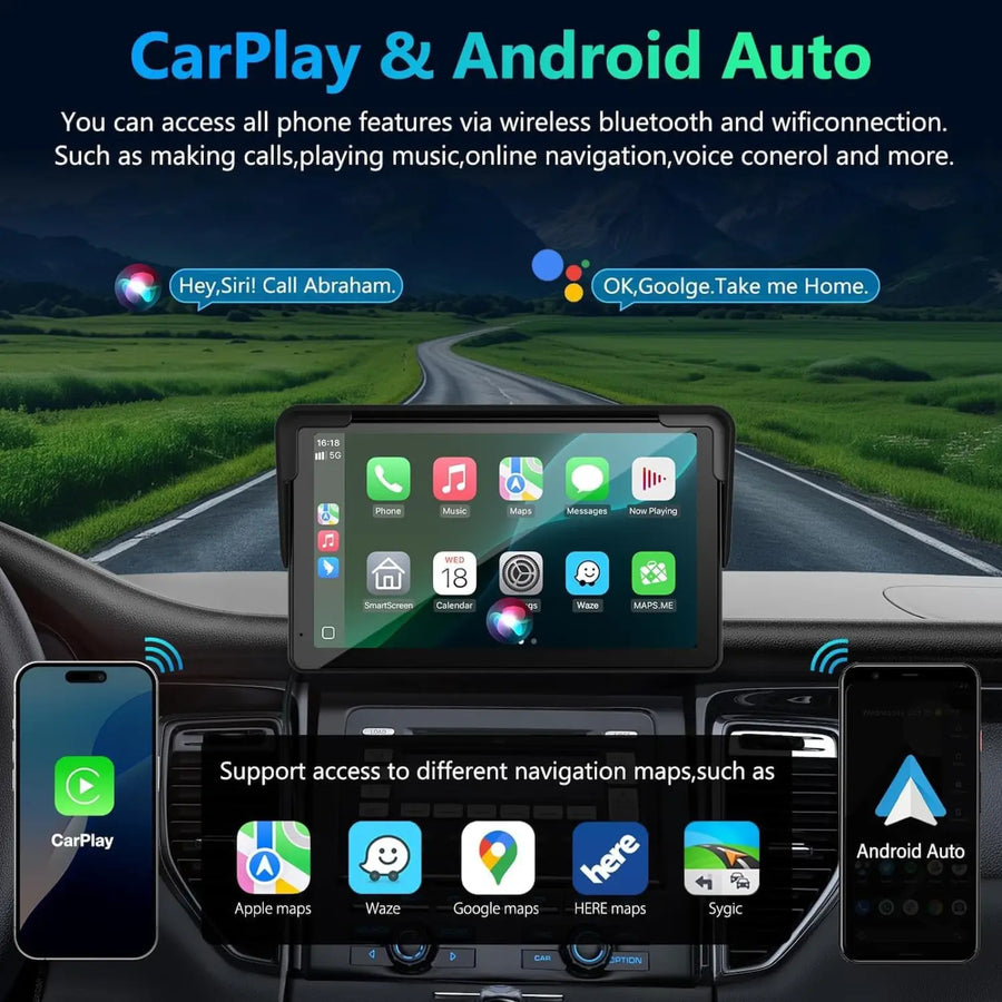 7" Portable Wireless Apple CarPlay & Android Auto Touchscreen Car Display