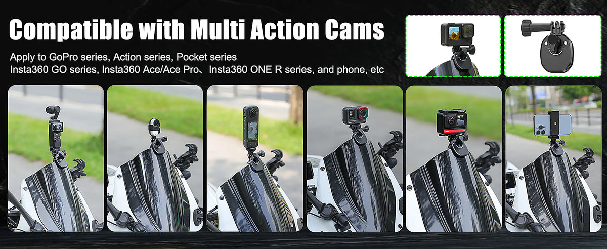 A promotional graphic showing a motorcycle windshield camera mount with multiple inset photos demonstrating its use with different action cameras, plus text stating compatibility with multi-action cameras and examples including GoPro, Action Pocket, Insta360, Ace Pro, Pocket 3 and phone mounts.