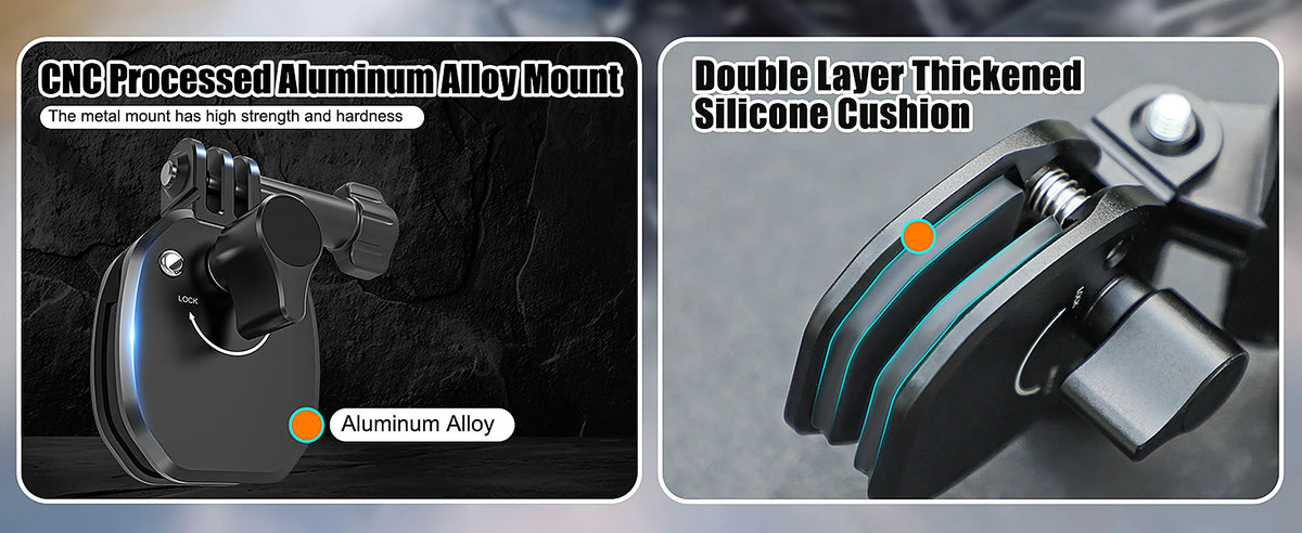 A product feature comparison graphic showing a black aluminum mount on the left and a close-up of a double-layered silicone cushion on the right. Text highlights 'CNC Processed Aluminum Alloy Mount' and 'Double Layer Thickened Silicone Cushion'.