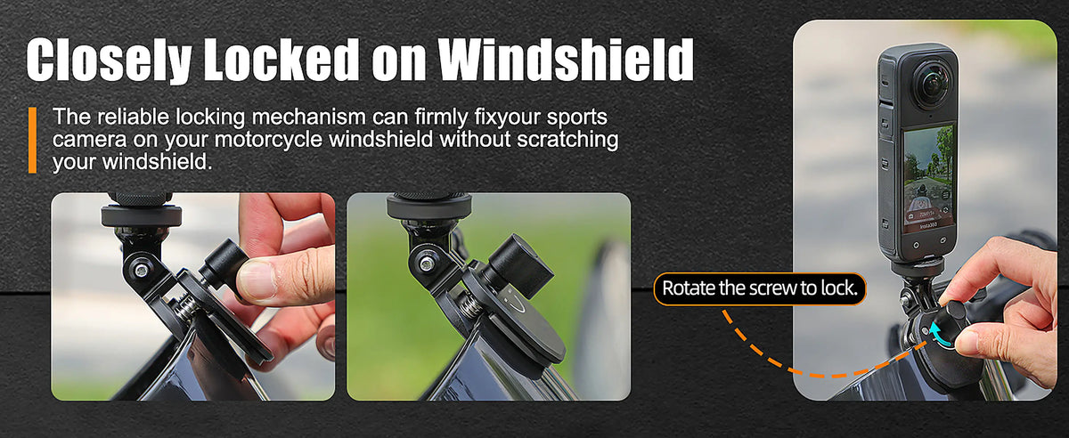 Instructional graphic showing how to mount a sports camera to a motorcycle windshield. The right side shows a hand rotating a screw on a black clamp attached to the windshield, with text reading 'Closely Locked on Windshield' and 'Rotate the screw to lock.