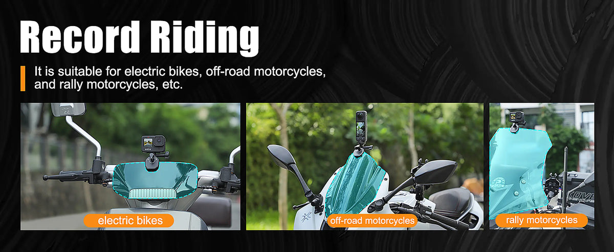 A promotional graphic with the headline 'Record Riding' and text stating it is suitable for electric bikes, off-road motorcycles, and rally motorcycles. Below, three panels show a teal protective windshield cover mounted on different types of vehicles against outdoor green backgrounds.
