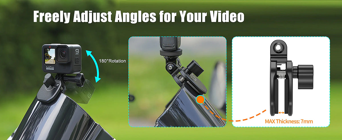 A black adjustable camera mounting bracket shown with a GoPro-style action camera attached, on a blurred green outdoor background. The image includes marketing text reading 'Freely Adjust Angles for Your Video' and callout callouts showing 180° rotation and maximum thickness 7mm.