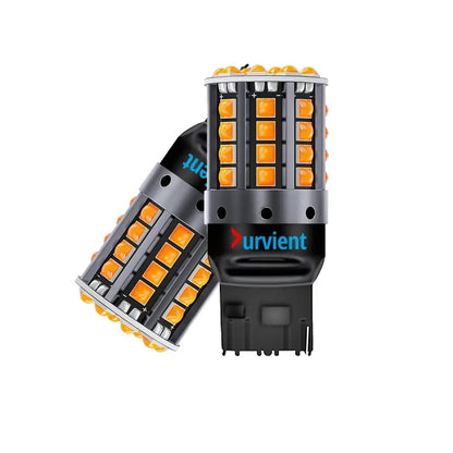 Two automotive LED turn signal bulbs with orange LED chips on a clean white background. One bulb is upright showing the front with the 'durvient' brand logo, and the other is angled to show the side with more visible LED segments.
