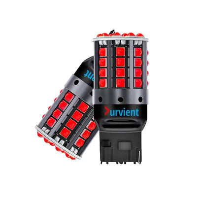 Two automotive LED light bulbs with red square-shaped LEDs on a black housing, shown on a plain white background. One bulb is upright and the other is angled beside it.