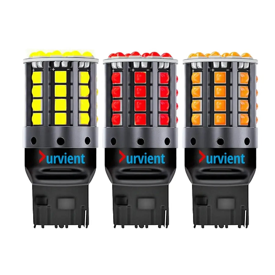 Three Urvient T10 LED warning lights in black plastic, shown side by side with yellow, red, and amber LED arrays illuminated, on a white background.
