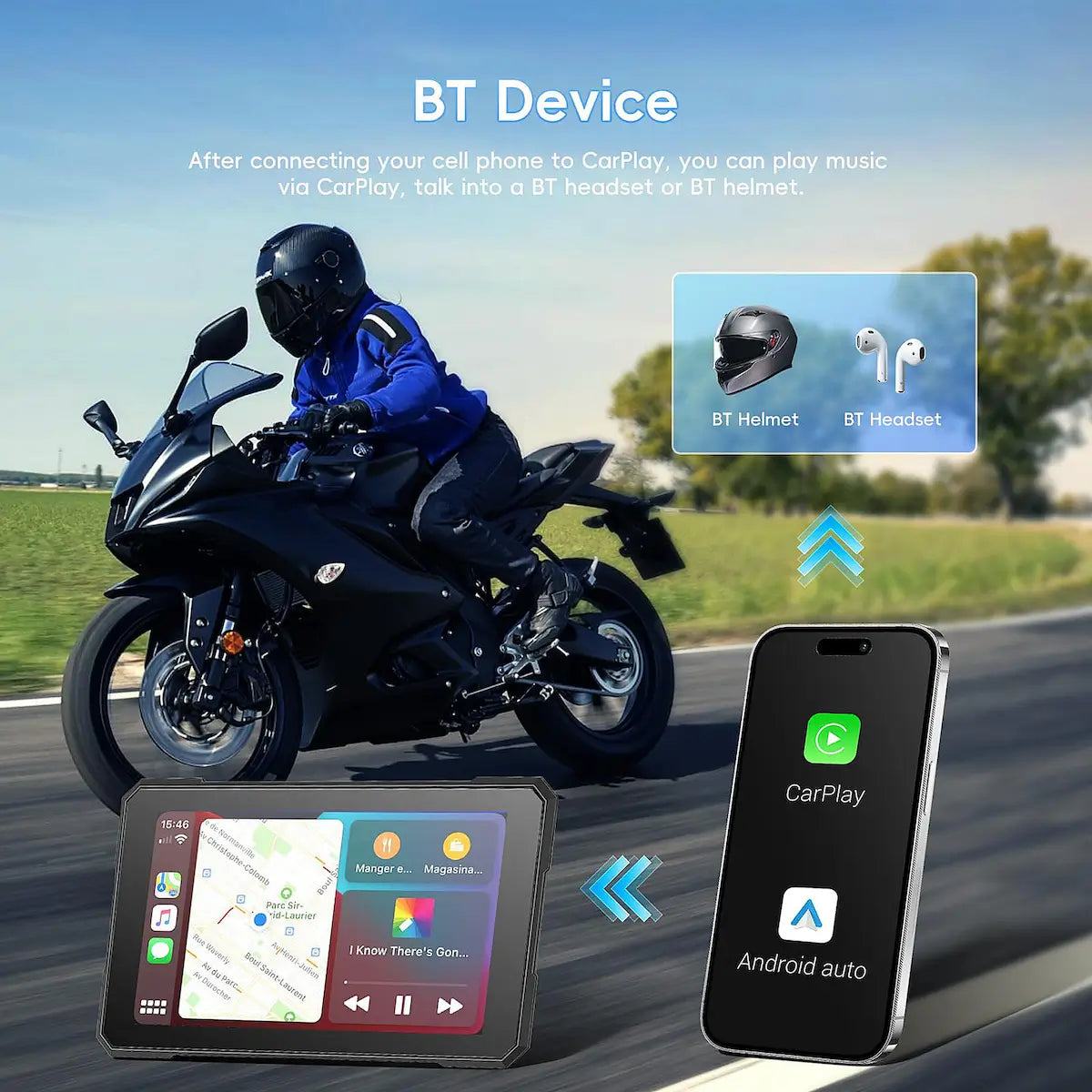 CarPlay BT device connected to a motorcycle and smartphone, showing a rider on a road with inset graphics of a BT helmet, BT headset, and phone screens labeled CarPlay and Android auto.