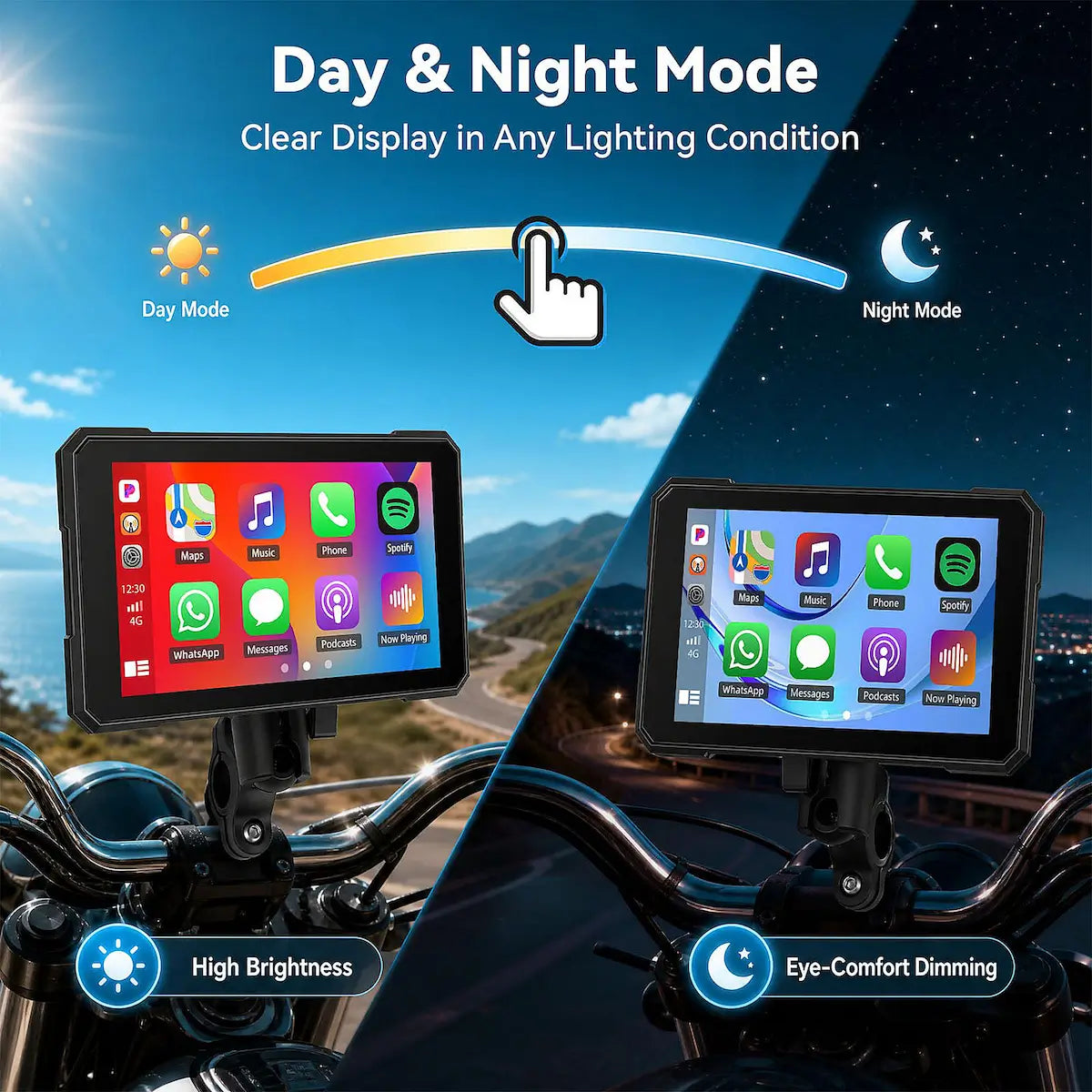 A motorcycle dash screen with a black protective frame shown in two modes: a bright daylight mode on the left and a dark night mode on the right. The top of the image features a graphic explaining the day and night modes with a sun icon, moon icon, and a hand pointing down the center.