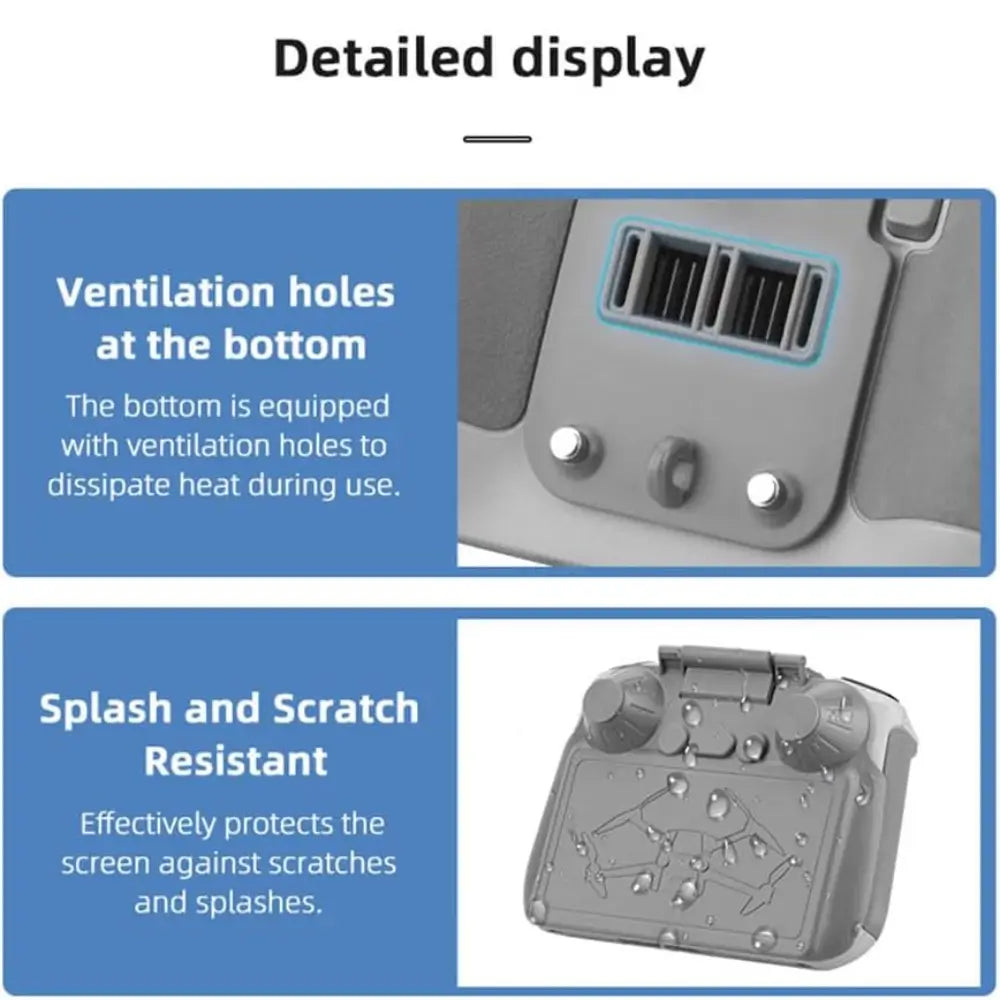 A product feature infographic titled 'Detailed display' showing a gray handheld gaming controller from two angles with text callouts: ventilation holes at the bottom and splash and scratch resistance.