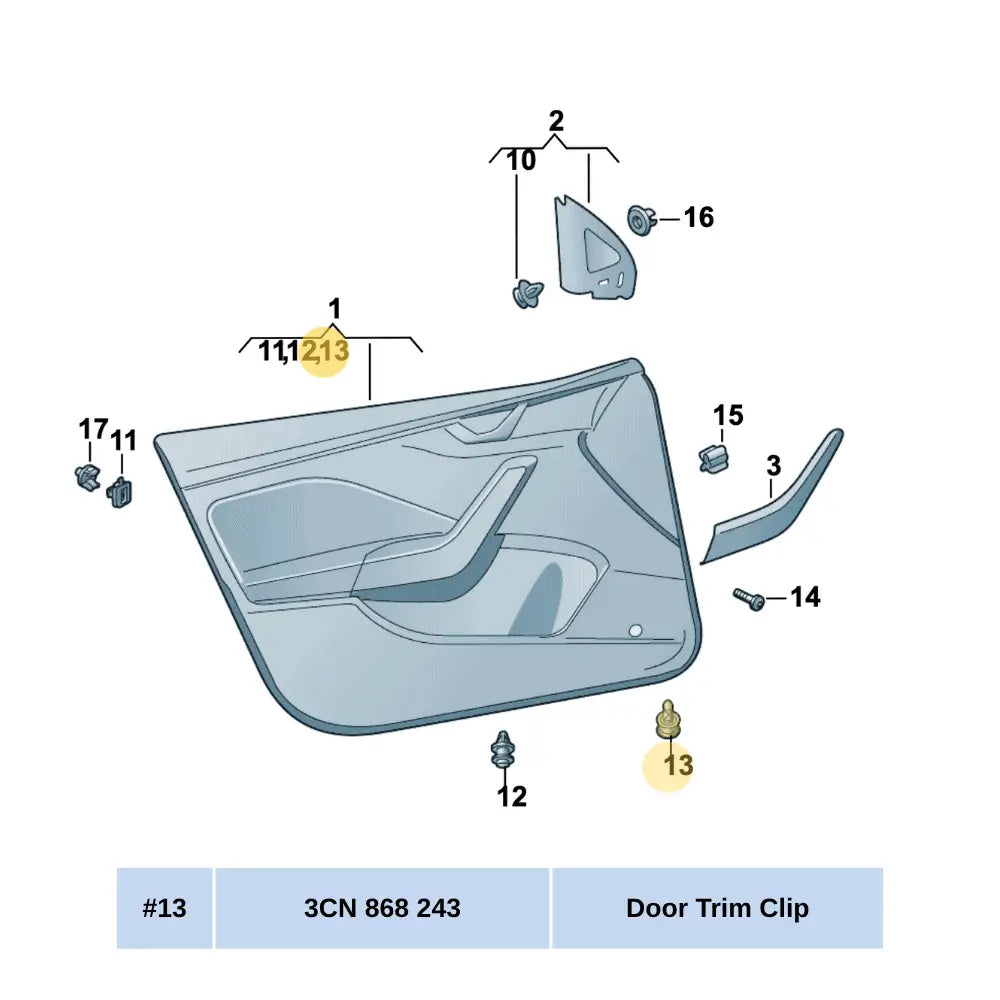 door car diagram and uses of 3CN 868 243 door trim clip
