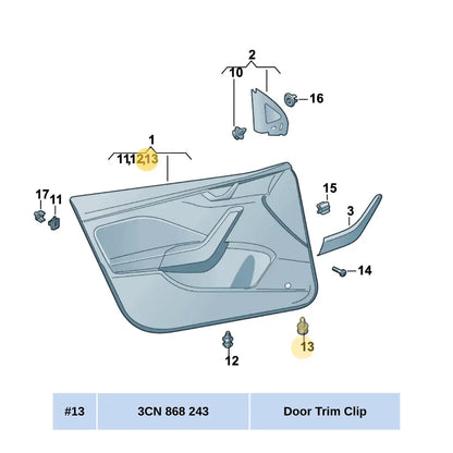door car diagram and uses of 3CN 868 243 door trim clip