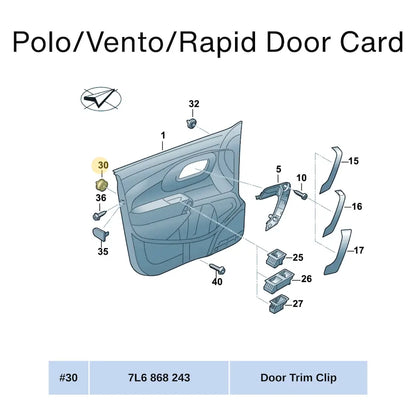 door car diagram and uses of 7L6 868 243 door card panel locking clip