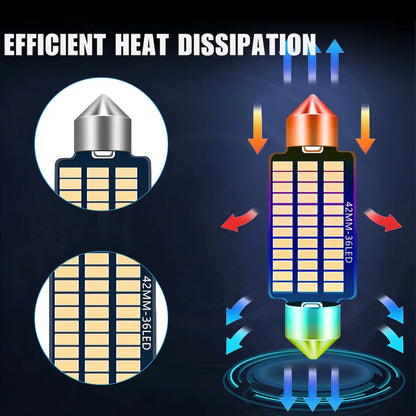 Promotional graphic for a 42MM-361ED LED bulb showing 'EFFICIENT HEAT DISSIPATION' on a dark background, with a central bulb illustration, two circular close-ups of the bulb's top and side, and blue and red airflow arrows.