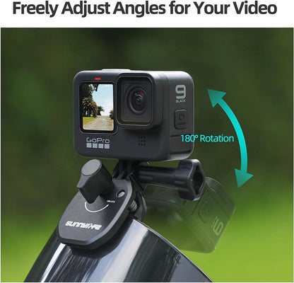 A GoPro action camera mounted on a black mounting bracket, shown against a blurred green outdoor background. The image includes text reading 'Freely Adjust Angles for Your Video' and a teal arrow indicating 180° rotation.