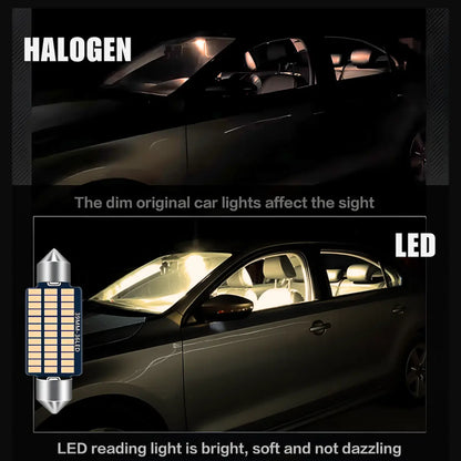 A promotional comparison graphic for car lighting, showing a dark car at night under the heading 'HALOGEN' with dim original car lights, and again under 'LED' with bright illuminated interior visibility. A small LED bulb package graphic appears on the left, and text compares the brightness and softness of LED reading light.