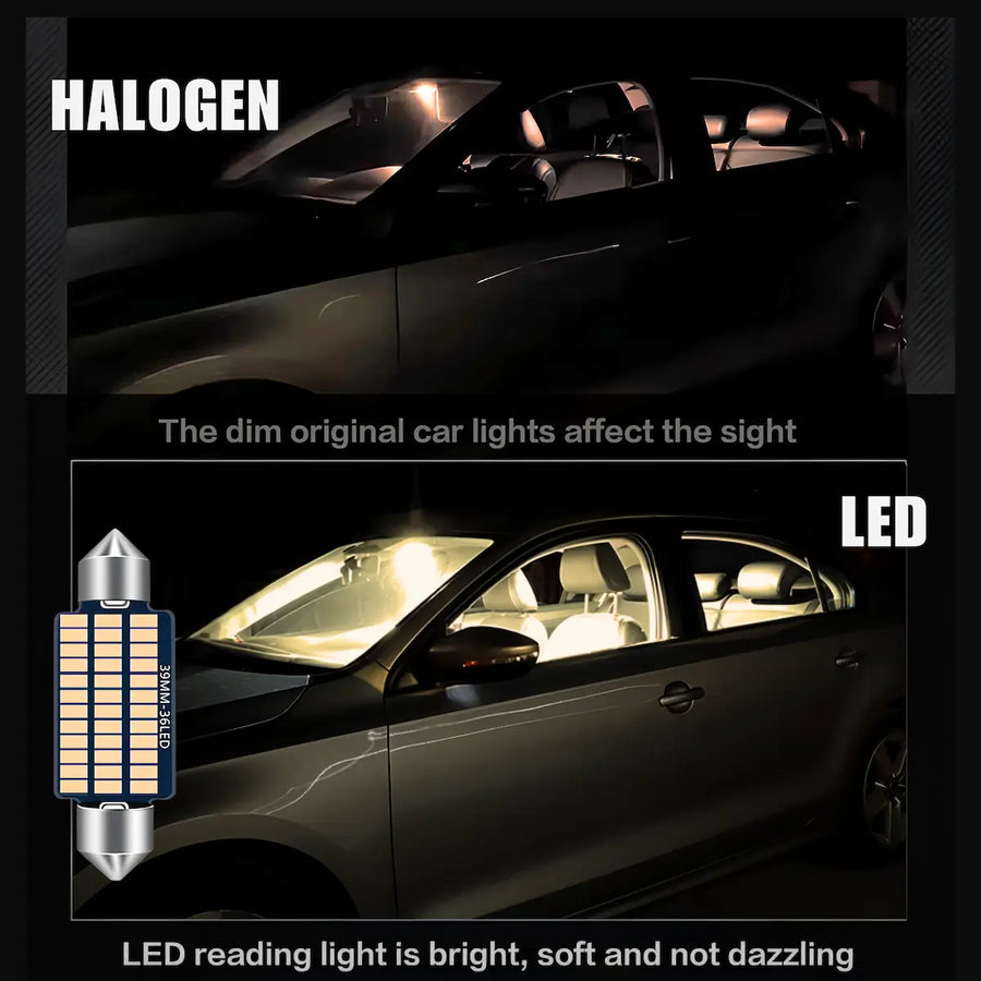 A promotional comparison graphic for car lighting, showing a dark car at night under the heading 'HALOGEN' with dim original car lights, and again under 'LED' with bright illuminated interior visibility. A small LED bulb package graphic appears on the left, and text compares the brightness and softness of LED reading light.