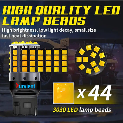 Promotional graphic for 44 yellow 3030 LED lamp beads, showing a single bulb, a circular cross-section view, a single bead close-up, and text highlighting high brightness and low light decay.