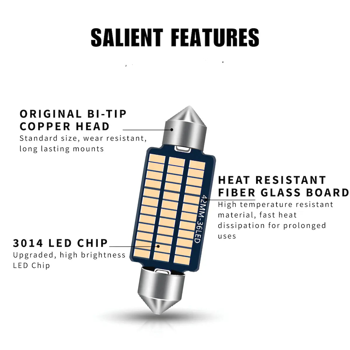 A 3014 LED bi-tip car light bulb shown on a white background with callout text highlighting features such as a copper head, heat resistant fiber glass board, and 3014 LED chip.