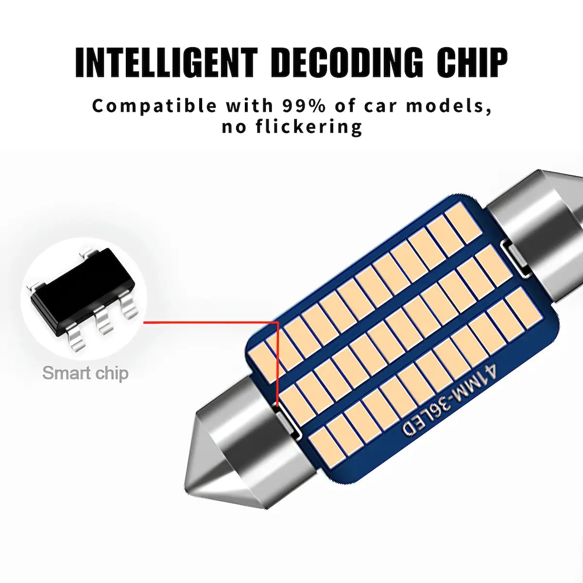 A car LED bulb with a blue body, beige light panels, and silver metal ends on a white background, with text reading 'INTELLIGENT DECODING CHIP' and a small inset showing the smart chip.