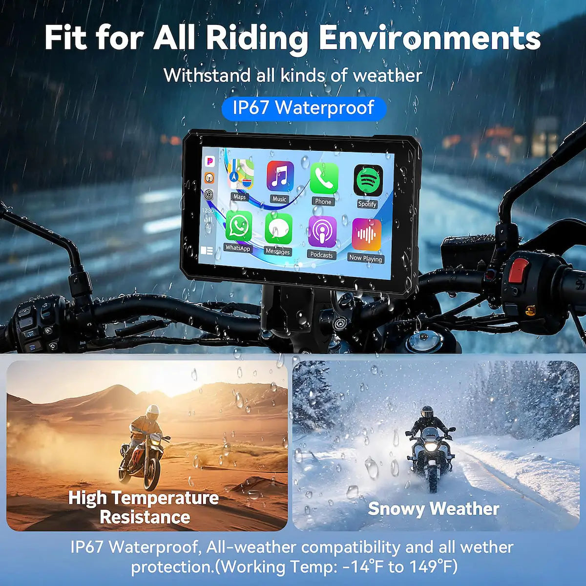 A motorcycle dashboard display screen mounted on handlebars, with marketing text reading 'Fit for All Riding Environments' and 'IP67 Waterproof.' The top panel shows rain and a blurred road scene behind the screen, and the bottom panel includes two small lifestyle inset photos demonstrating high-temperature and snowy weather use cases.