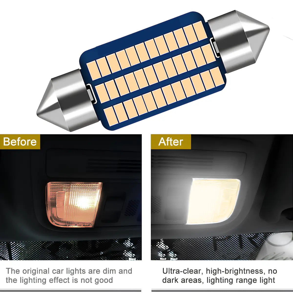 A car interior light bulb shown at the top, with before-and-after comparison photos of a car light below. The top bulb has a blue base with multiple warm yellow LED chips and silver end caps.