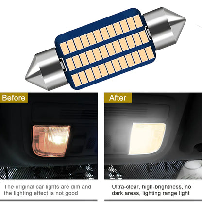 A car interior light bulb shown at the top, with before-and-after comparison photos of a car light below. The top bulb has a blue base with multiple warm yellow LED chips and silver end caps.